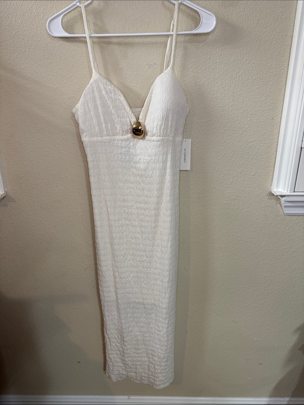 Cream Textured Slip Dress with Gold Accent
